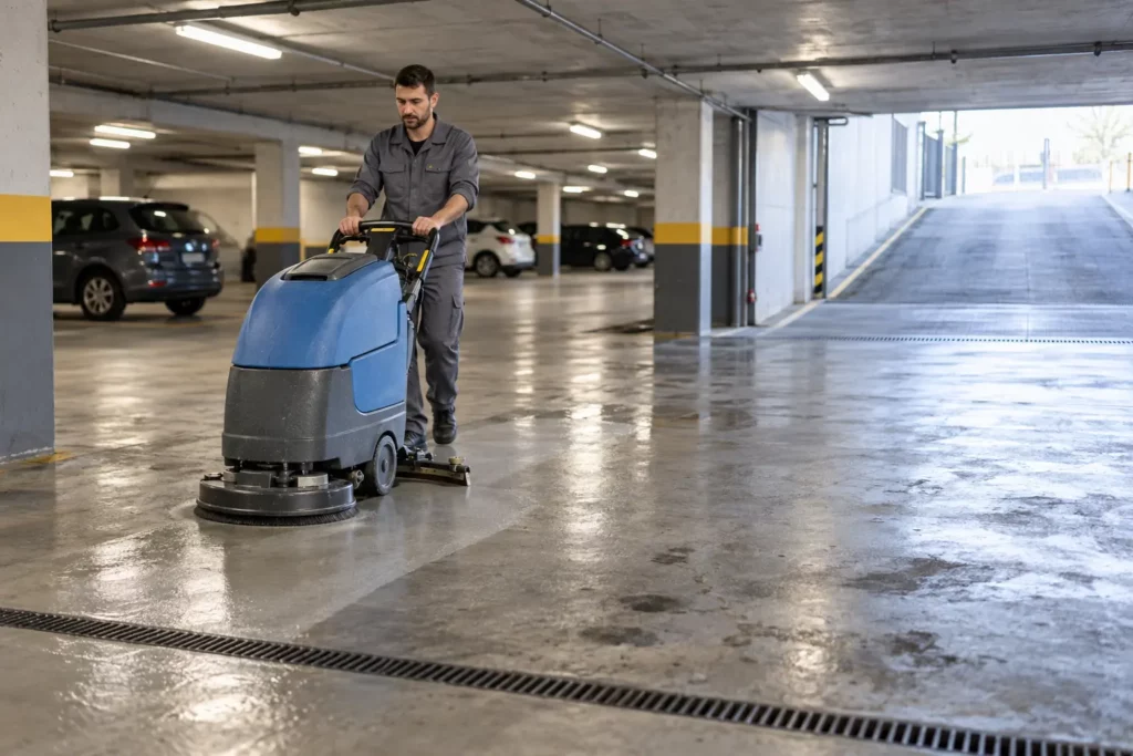 Agent utilisant une autolaveuse dans un parking souterrain