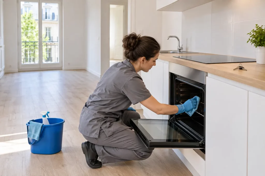Nettoyage d'un four dans la cuisine d'un appartement vide, avant un état des lieux de sortie